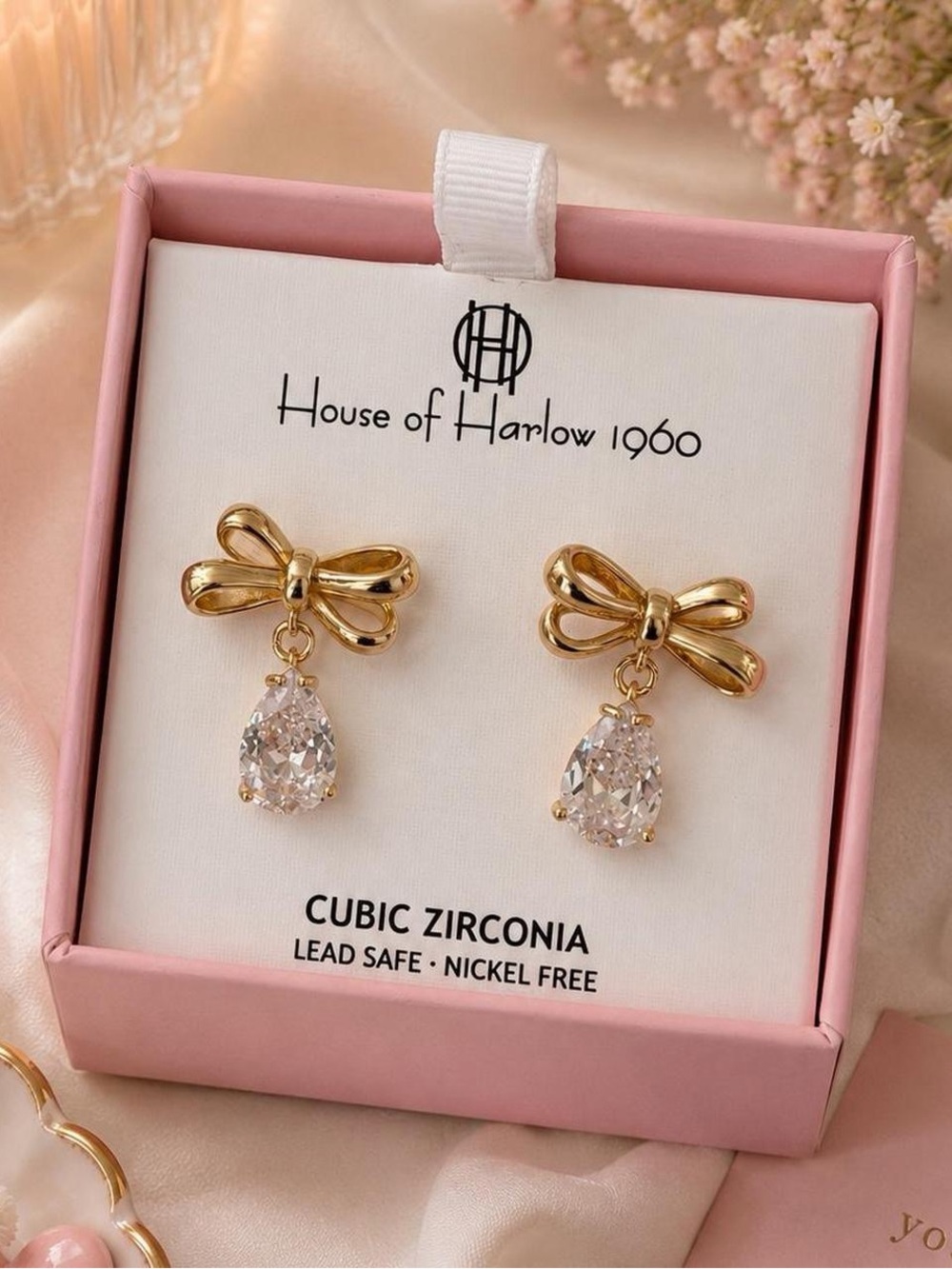 NWT House of Harlow 1960 Gold Bow Drop Earrings Cubic Zirconia